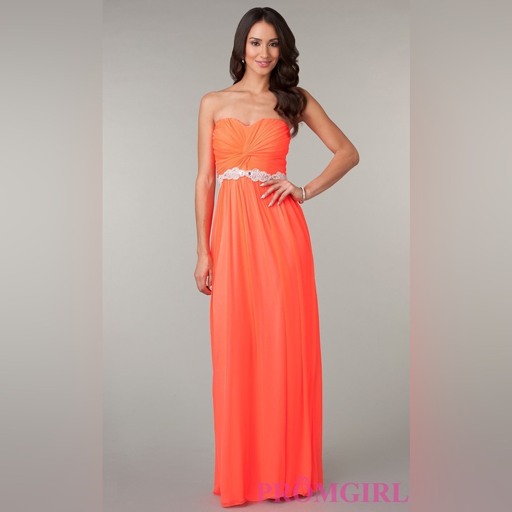 Orange strapless prom girl beautiful dress